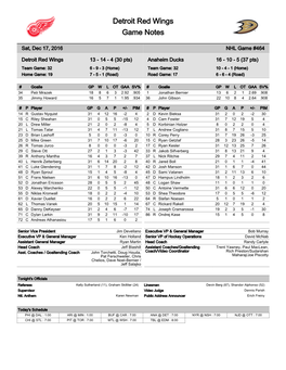 Detroit Red Wings Game Notes