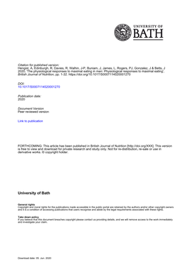 The Physiological Responses to Maximal Eating in Men: Physiological Responses to Maximal Eating', British Journal of Nutrition, Pp