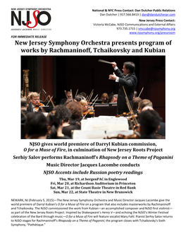 FOR IMMEDIATE RELEASE New Jersey Symphony Orchestra Presents Program of Works by Rachmaninoff, Tchaikovsky and Kubian