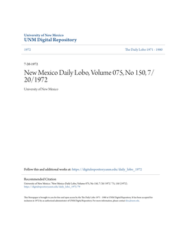 New Mexico Daily Lobo, Volume 075, No 150, 7/20/1972." 75, 150 (1972)
