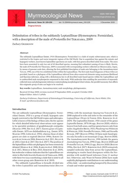Delimitation of Tribes in the Subfamily Leptanillinae (Hymeno­Ptera: Formicidae), with a Description of the Male of Protanilla Lini Terayama, 2009 Zachary Griebenow