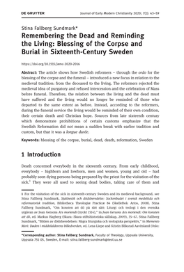 Remembering the Dead and Reminding the Living: Blessing of the Corpse and Burial in Sixteenth-Century Sweden