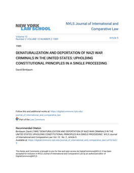 Denaturalization and Deportation of Nazi War Criminals in the United States: Upholding Constitutional Principles in a Single Proceeding