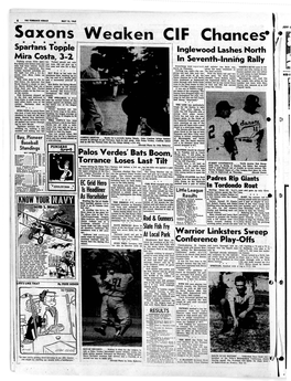 TORRANCE HERALD MAY 13, 196* I JEFF ( Saxons* Weaken CIF Chances* /' Spartans Topple Inglewood Lashes North Mira Costa, 3-2 Pushing Across Three Open- J Ter