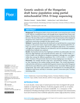 Genetic Analysis of the Hungarian Draft Horse Population Using Partial Mitochondrial DNA D-Loop Sequencing