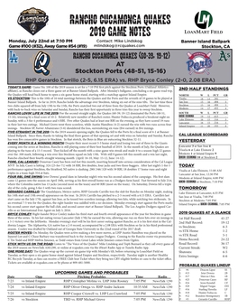 Rancho Cucamonga Quakes 2019 Game Notes