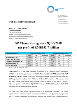 SP Chemicals Registers 2Q FY2008 Net Profit of RMB152.7 Million