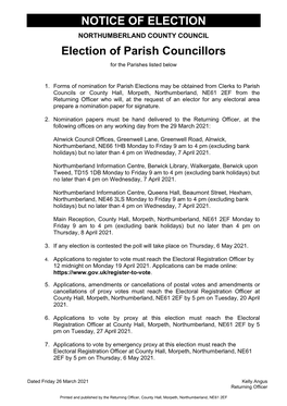 NOTICE of ELECTION Election of Parish Councillors