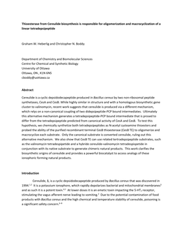 Thioesterase from Cereulide Biosynthesis Is Responsible for Oligomerization and Macrocyclization of a Linear Tetradepsipeptide