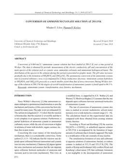 Conversion of Ammonium Cyanate Solution at 293.15 K