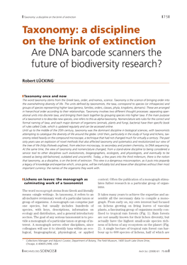 Taxonomy: a Discipline on the Brink of Extinction Are DNA Barcode Scanners the Future of Biodiversity Research?