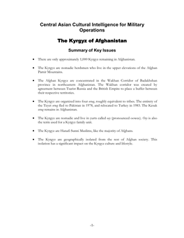 Central Asian Cultural Intelligence for Military Operations the Kyrgyz Of