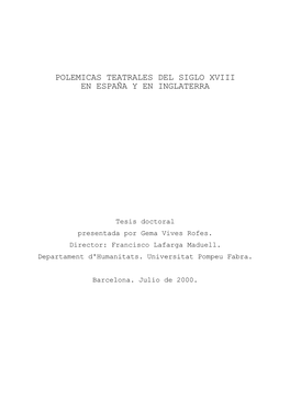 Polemicas Teatrales Del Siglo Xviii En España Y En Inglaterra