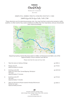 DRIVING DIRECTIONS from SYDNEY CBD 2600 Wolgan Rd, Wolgan Valley NSW 2790