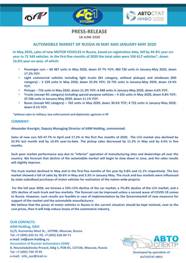 Passenger Cars – 60 487 Units in May 2020, Down 47.7% YOY; 482 726 Units in January-May 2020, Down 17.2% YOY