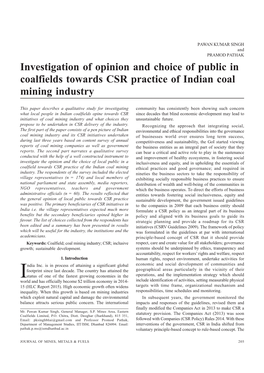 Investigation of Opinion and Choice of Public in Coalfields Towards CSR Practice of Indian Coal Mining Industry