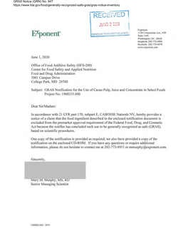 GRAS Notice (GRN) 947; Cacao Pulp, Juice, and Juice Concentrate