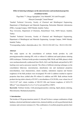 Effect of Sintering Techniques on the Microstructure and Mechanical Properties of Niobium Borides Özge Balcı1,2,*, Duygu Ağaoğulları1, Faiz Muhaffel3, M