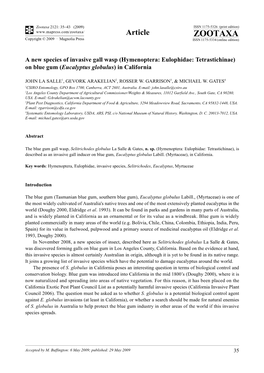 Zootaxa, a New Species of Invasive Gall Wasp (Hymenoptera