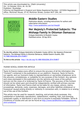 Her Majesty's Protected Subjects: the Mishaqa Family in Ottoman Damascus Erdoğan Keskinkiliç & Ebubekir Ceylan Published Online: 30 Sep 2014