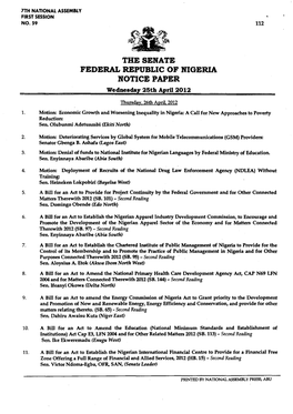 FEDERAL REPUBLIC of NIGERIA NOTICE PAPER Wednesday 25Th April 2012