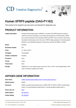 Human SFRP5 Peptide (DAG-P1162) This Product Is for Research Use Only and Is Not Intended for Diagnostic Use