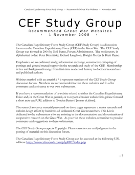 CEF Study Group Recommended Great War Websites - 1 November 2008