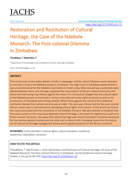 Restoration and Restitution of Cultural Heritage, the Case of the Ndebele Monarch: the Post-Colonial Dilemma in Zimbabwe