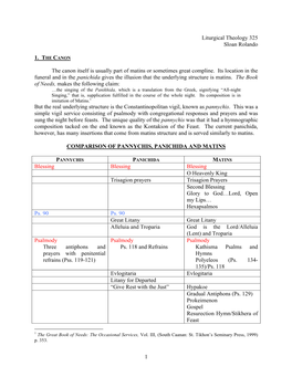 1 Liturgical Theology 325 Sloan Rolando 1. the CANON the Canon Itself Is Usually Part of Matins Or Sometimes Great Compline. I