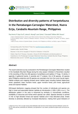Distribution and Diversity Patterns of Herpetofauna in the Pantabangan-Carranglan Watershed, Nueva Ecija, Caraballo Mountain Range, Philippines