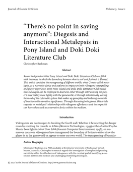 Diegesis and Interactional Metalepsis in Pony Island and Doki Doki Literature Club Christopher Barkman