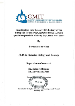 Platichthys Flesus L.) with Special Emphasis in Galway Bay, Irish West Coast