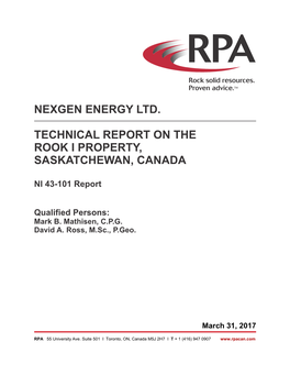 Nexgen Energy Ltd. Technical Report on the Rook I Property, Saskatchewan