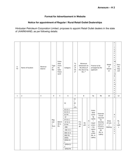 Annexure – H 2 Format for Advertisement in Website Notice For