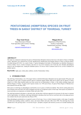 Pentatomidae (Hemiptera) Species on Fruit Trees in Saray District of Tekirdag, Turkey