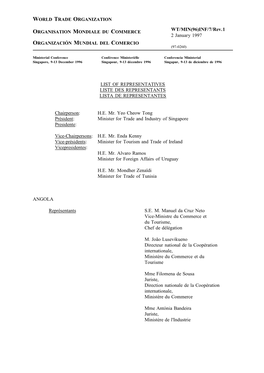 WT/MIN(96)INF/7/Rev.1 ORGANISATION MONDIALE DU COMMERCE 2 January 1997 ORGANIZACIÓN MUNDIAL DEL COMERCIO (97-0260)