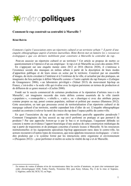Comment Le Rap Construit Sa Centralité À Marseille ?