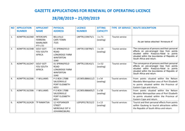 Gazette Applications for Renewal of Operating Licence 28/08/2019 – 25/09/2019