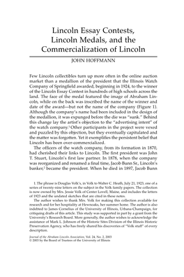 Lincoln Essay Contests, Lincoln Medals, and the Commercialization of Lincoln John Hoffmann