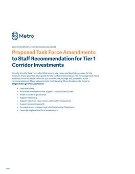 Proposed Task Force Amendments to Staff Recommendation for Tier 1 Corridor Investments