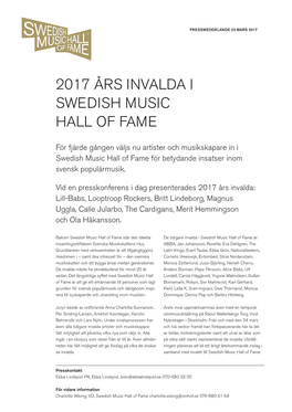 2017 Års Invalda I Swedish Music Hall of Fame