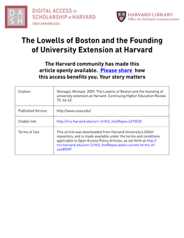 The Lowells of Boston and the Founding of University Extension at Harvard