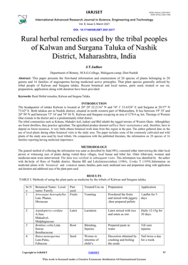 Rural Herbal Remedies Used by the Tribal Peoples of Kalwan and Surgana Taluka of Nashik