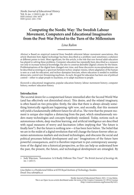 Computing the Nordic Way: the Swedish Labour Movement, Computers and Educational Imaginaries from the Post-War Period to the Turn of the Millennium Lina Rahm