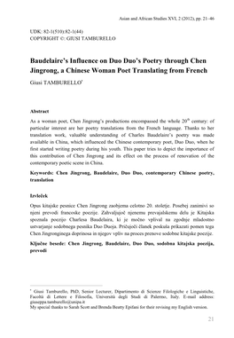 Baudelaire's Influence on Duo Duo's Poetry Through Chen Jingrong, A