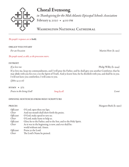 Choral Evensong in Thanksgiving for the Mid-Atlantic Episcopal Schools Association February 9, 2020 • 4:00 Pm