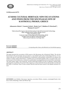 At-Risk Cultural Heritage: New Excavations and Finds from the Mycenaean Site of Kastrouli, Phokis, Greece