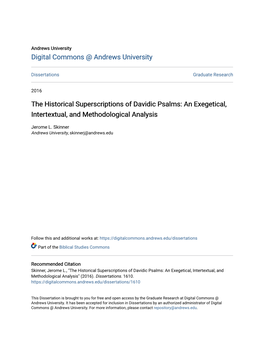 The Historical Superscriptions of Davidic Psalms: an Exegetical, Intertextual, and Methodological Analysis