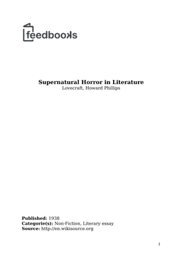 Supernatural Horror in Literature Lovecraft, Howard Phillips