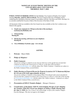 Notice of an Electronic Meeting of the City of Holladay City Council Thursday, May 7, 2020